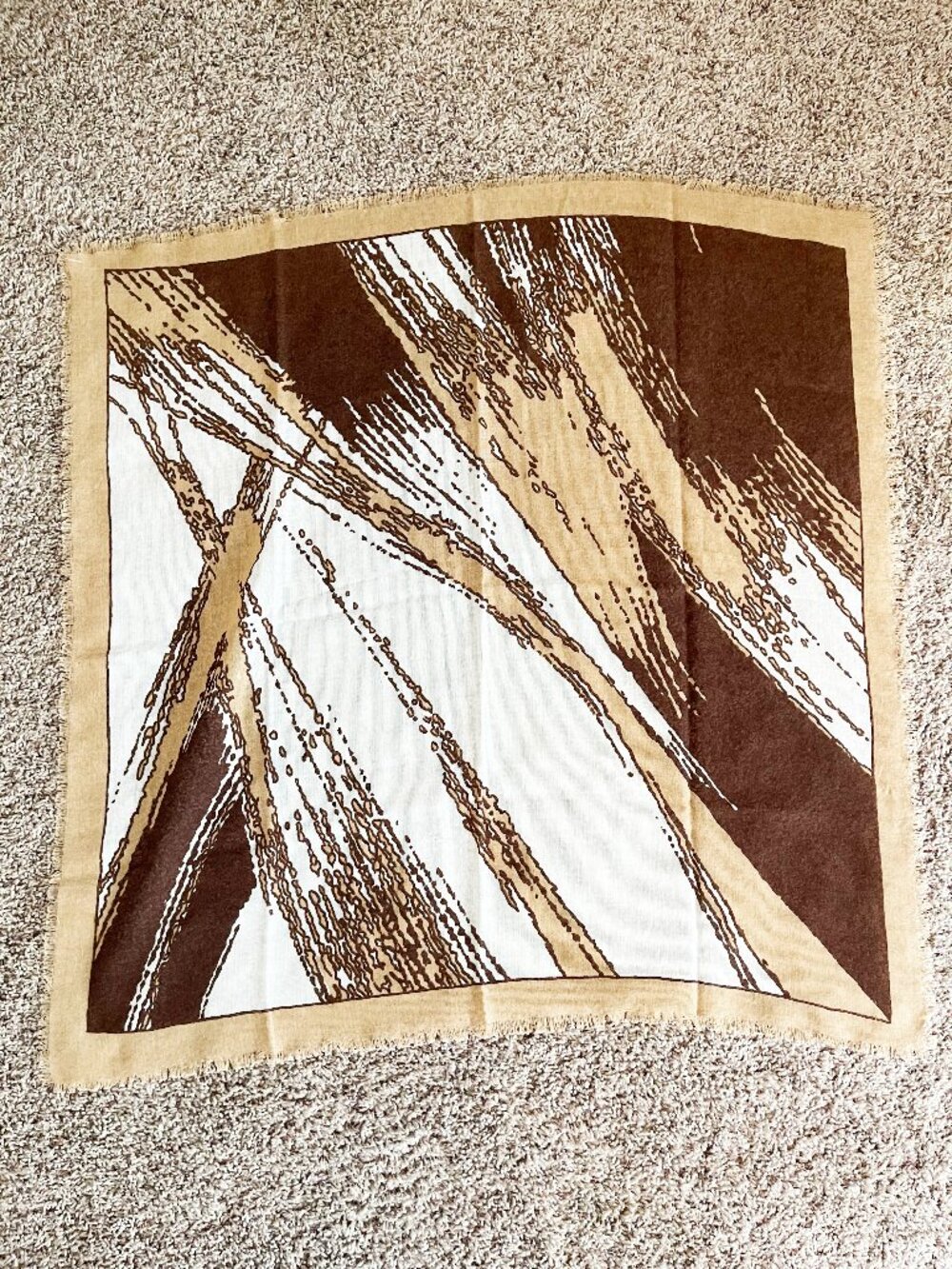 Abstract Brown Tan Cream Square Scarf Raw Fringe Lightweight Boho Wrap